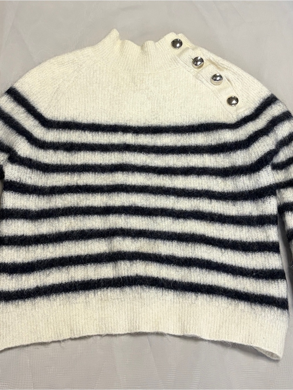 Sézane Striped Mohair Blend High Neck Button Shoulder Sweater Size L - Picture 3 of 10